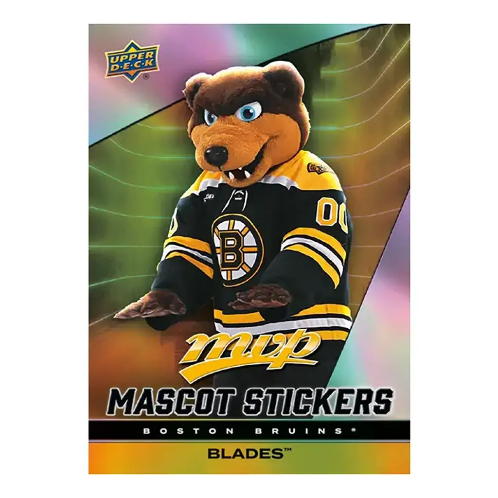 Upper Deck 2025-26 MVP mascot sticker card featuring Blades of the Boston Bruins, wearing black and gold jersey with number 00, set against colorful gradient background design.