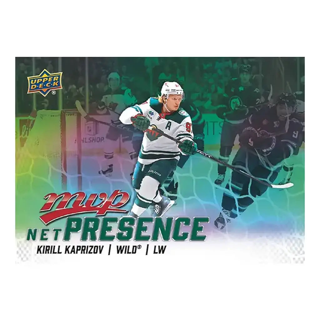 Upper Deck 2025-26 MVP “Net Presence” insert card of Kirill Kaprizov, Minnesota Wild, with action image against a net-themed gradient background in green, teal, and red hues.