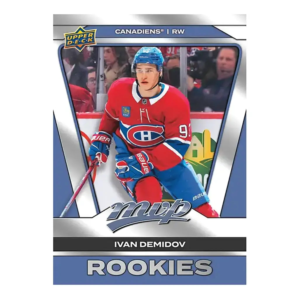 Upper Deck 2025-26 MVP hockey rookie card of Ivan Demidov, showing him in a red Canadiens jersey with blue helmet and gloves, framed by a silver border labeled “Rookies.”