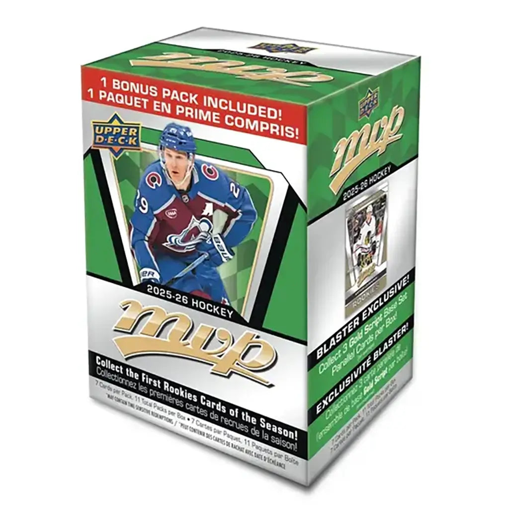 Upper Deck 2025-26 MVP hockey blaster box packaging in green and white, featuring Colorado Avalanche star on front, promo text about bonus packs, and rookies base set details.