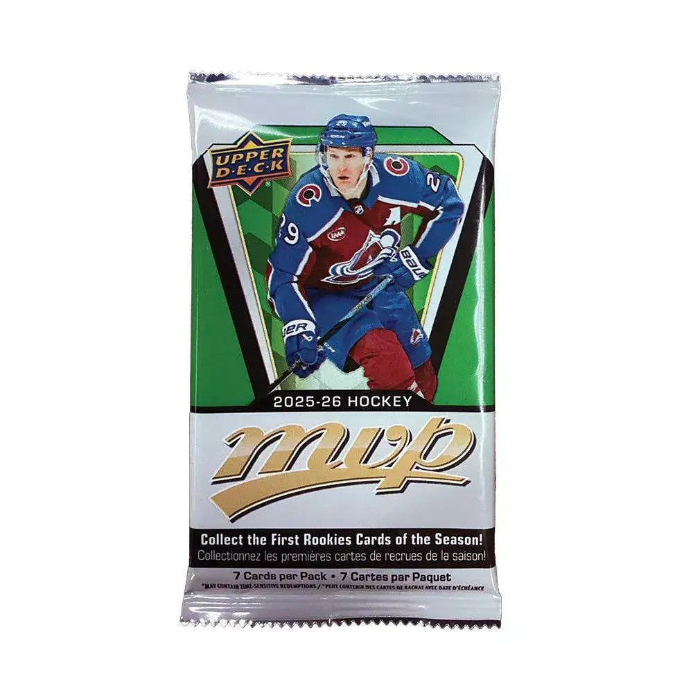 Upper Deck 2025-26 MVP Hockey trading card pack featuring a player in a blue and burgundy Colorado Avalanche uniform on a green background, sealed with 7 collectible cards inside.