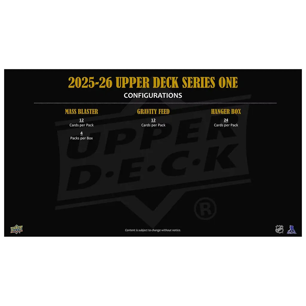Upper Deck configuration chart displays clean black backdrop with crisp gold text listing pack counts and box types, offering collectors clear guidance on product formats for the 2025–26 release.