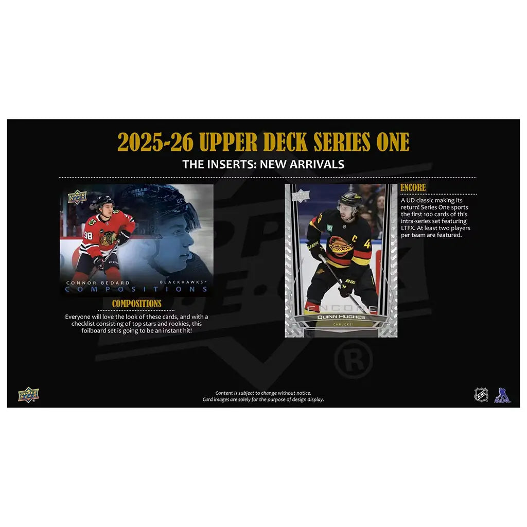 Upper Deck insert preview features layered blue gradients and foil-like textures framing rookie and veteran player images, emphasizing New Arrivals themes across contrasting modern card designs.