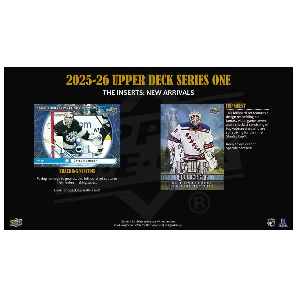 Upper Deck goalie-focused insert sheet uses deep blacks and icy blue accents with circular graphic elements highlighting goaltender movement, paired with a fantasy-style Cup Quest layout beside it.