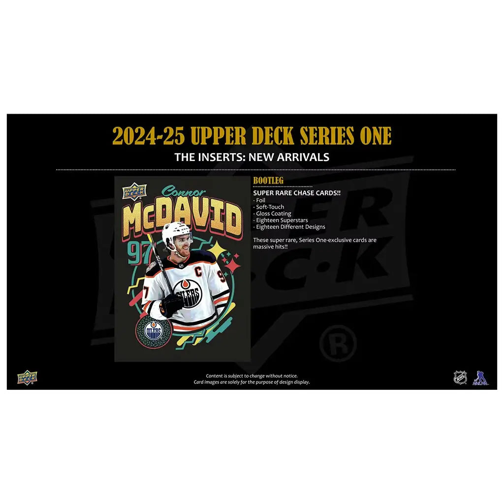 Upper Deck Bootleg insert sample shows vibrant multicolor graphics and soft-touch foil styling around a star player portrait, promoting rare chase-card excitement with dynamic retro-inspired shapes.