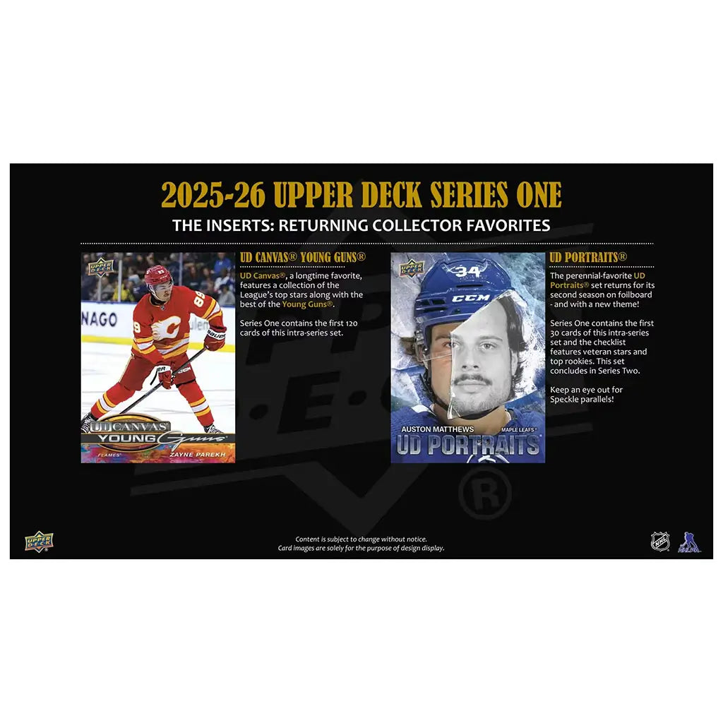 Upper Deck UD Canvas and UD Portraits inserts pair textured matte card art with a split-tone player portrait design, emphasizing returning Series One sets known for stylized photography and foilboard effects.