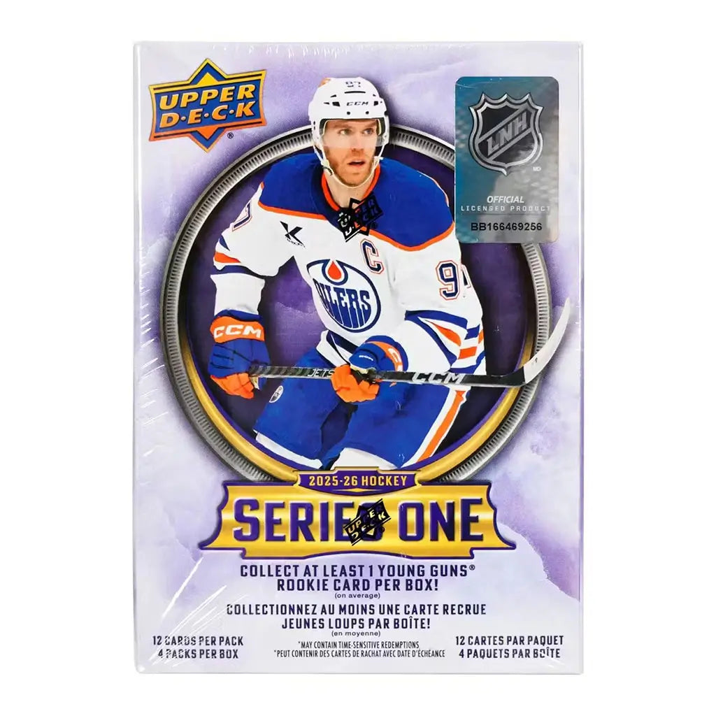 Upper Deck hockey box shows bold purple tones and smooth packaging texture around a centered Oilers player image, highlighting Series One rookie-card theme with official NHL branding in the background.