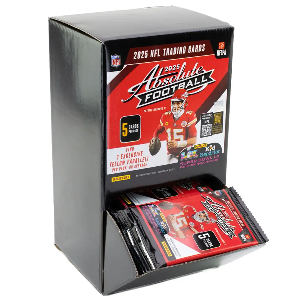 2025 Absolute Football retail display box with black cardboard exterior and red printed front panel, upright rectangular form, and open shelf holding sealed NFL trading card packs with Panini branding and Patrick Mahomes II imagery on a white background.