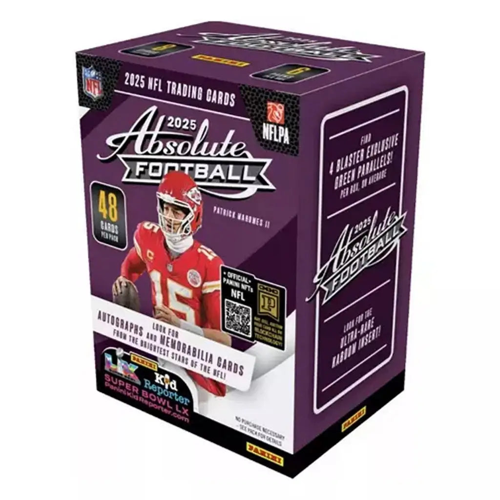 Panini Absolute Football 2025 blaster box features deep purple and white graphics with smooth printed texture, showcasing Patrick Mahomes II and callouts for autographs, memorabilia cards, and exclusive green parallels.