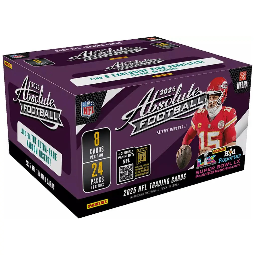 Panini Absolute Football retail box in deep purple cardboard with glossy finish, rectangular packaging featuring Patrick Mahomes II in a red Kansas City Chiefs uniform, highlighting 2025 NFL trading cards, pack counts, exclusive parallels, and official NFL branding on a white background.