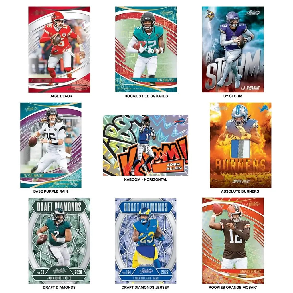 NFL trading cards collage showing multicolor glossy cardstock with foil textures, rectangular card formats, player action photos, and themed Absolute Football inserts, arranged on a white background to highlight collectible variety.