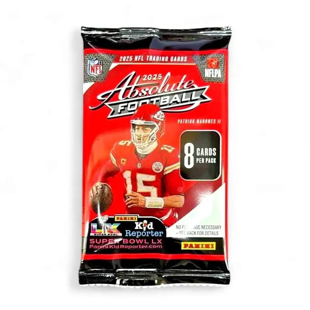2025 Panini Absolute Football retail pack in bright red foil plastic with printed Patrick Mahomes II artwork, sealed edges, NFL and Panini logos, and eight trading cards per pack on a white background.
