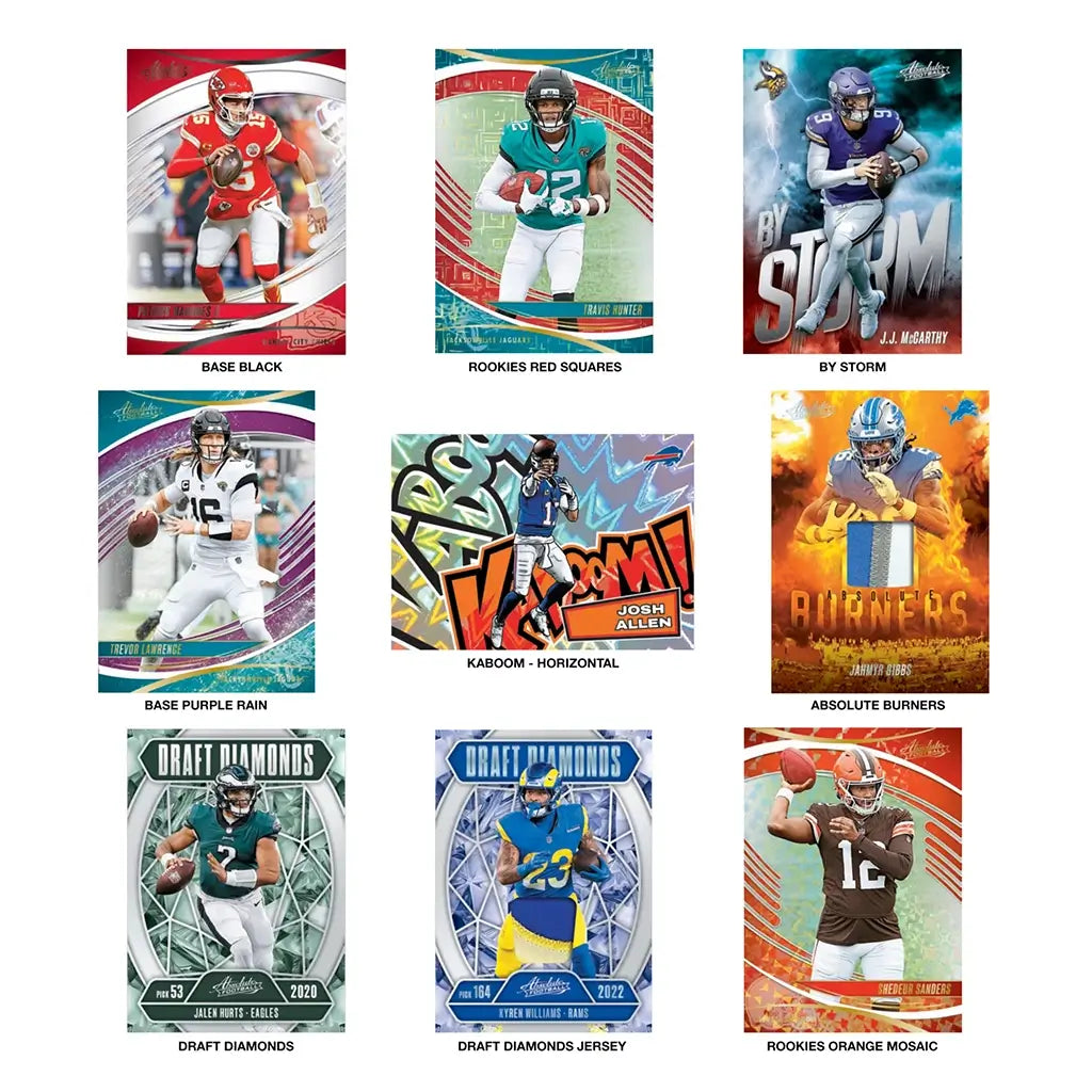 Absolute Football trading card inserts and parallels display glossy multicolor card stock with layered graphic designs, player action photography, bold typography, and themed backgrounds showcasing rookie cards, Kaboom inserts, Draft Diamonds, and special NFL parallels.