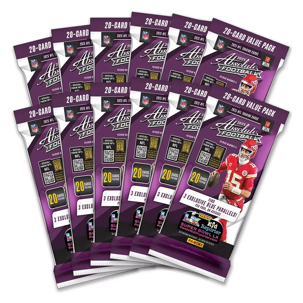 2025 Absolute Football 20-card value packs arranged in a fan layout, featuring purple foil wrappers, smooth glossy texture, tall rectangular pack form, and NFL trading card branding with Panini logos, Patrick Mahomes II imagery, and promotional text on a white background.