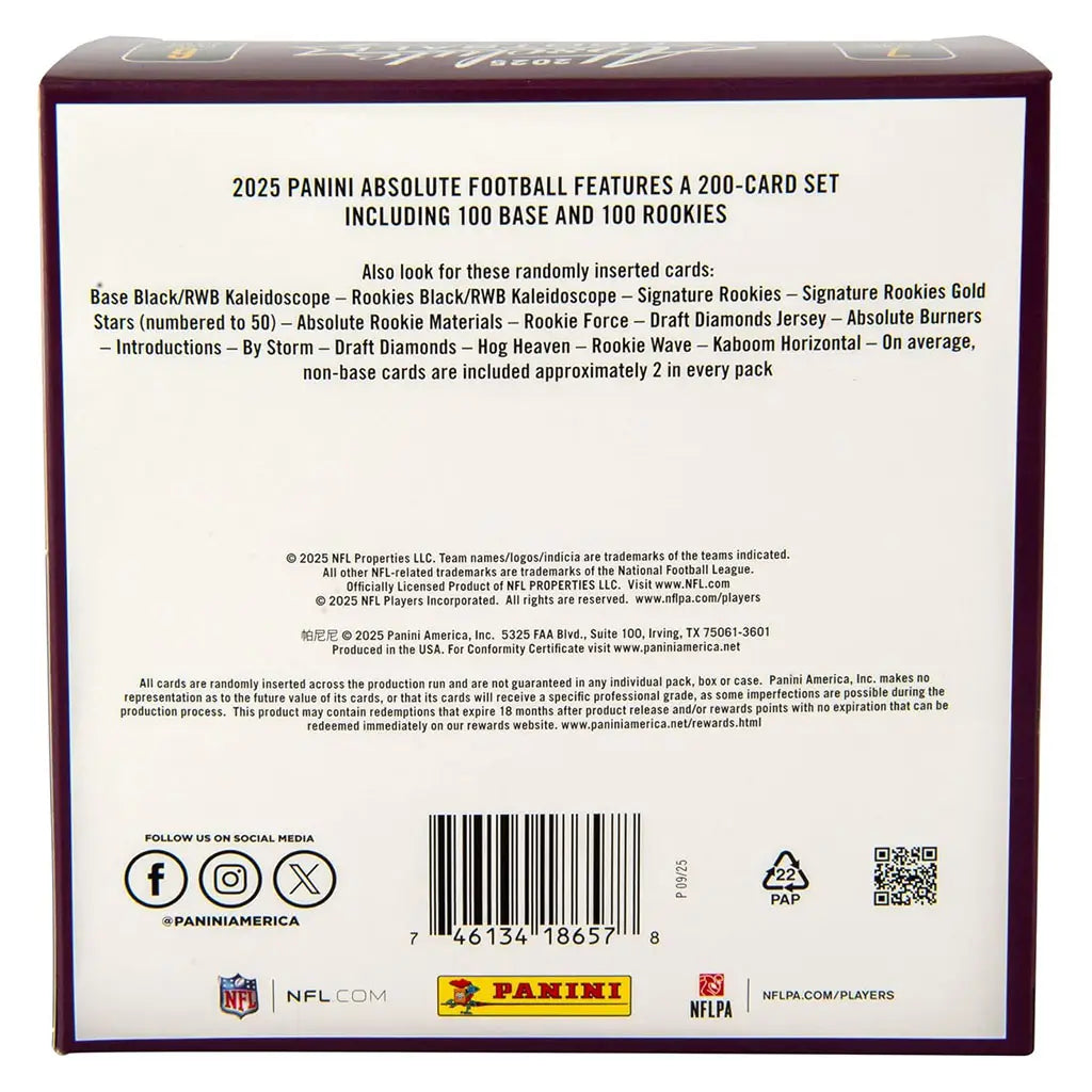 Panini Absolute Football 2025 Mega Box back panel displays full product details in black text on a clean white background, listing insert types, rookie counts, card ratios, legal information, and social media links.