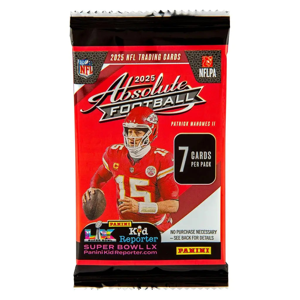 Panini Absolute Football 2025 trading card pack shows bold red and black foil with glossy texture, featuring Patrick Mahomes II, the Absolute Football logo, and a callout for seven cards per pack.