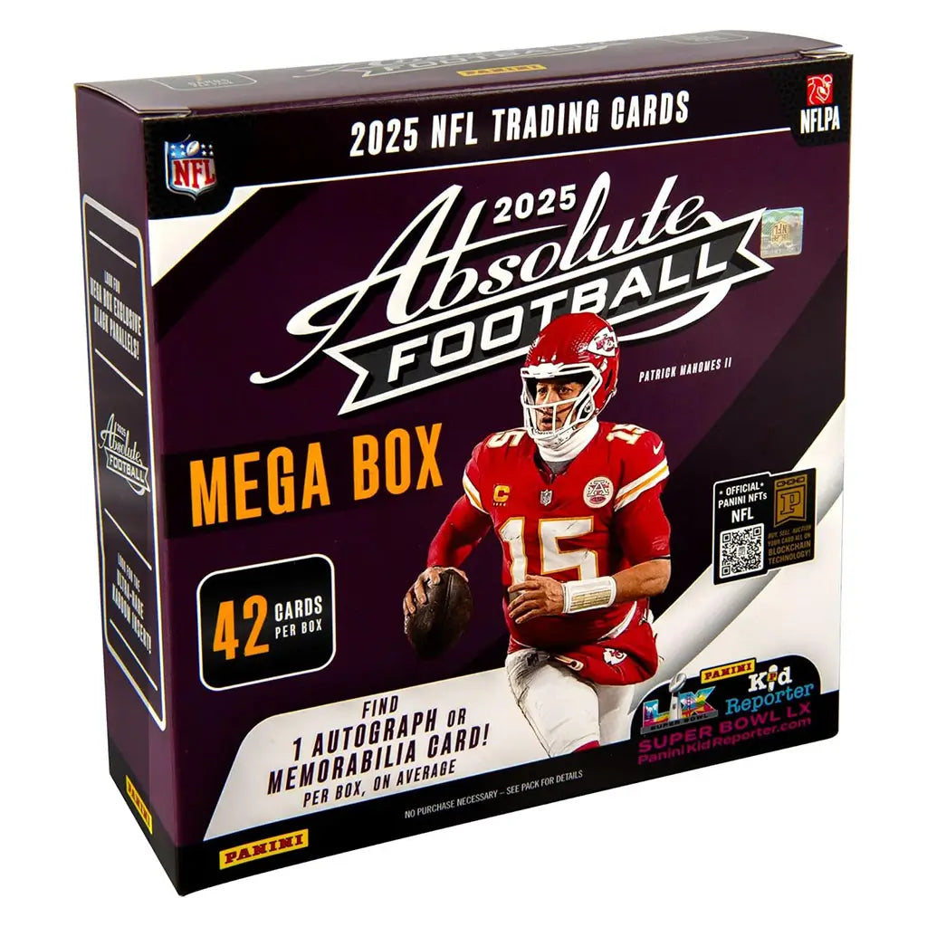 Panini Absolute Football 2025 Mega Box features deep purple, black, and white graphics with smooth printed texture, highlighting Patrick Mahomes II and callouts for 42 cards plus one autograph or memorabilia card on average.