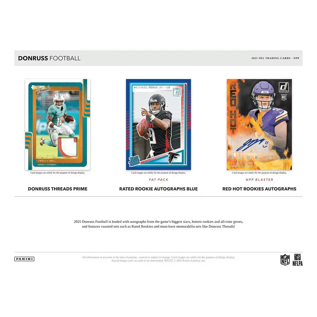 Donruss Football autograph cards featuring white signature panels, glossy card stock, bold color backdrops, and on-card autographs from rookies and star players, presented as premium chase cards.