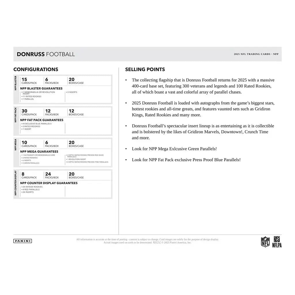 Donruss Football configuration chart displayed on a white background with gray boxes and black text, outlining cards per pack, packs per box, guarantees, and selling points for 2025 Donruss Mega Boxes.