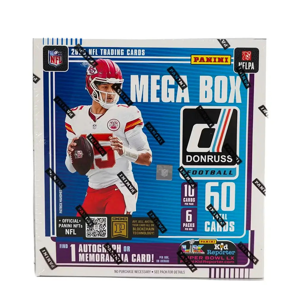 Donruss Football Mega Box featuring blue, white, and purple glossy cardboard packaging with vertical stripe accents, bold Mega Box branding, and a quarterback action image, designed for 2025 NFL trading card collectors.
