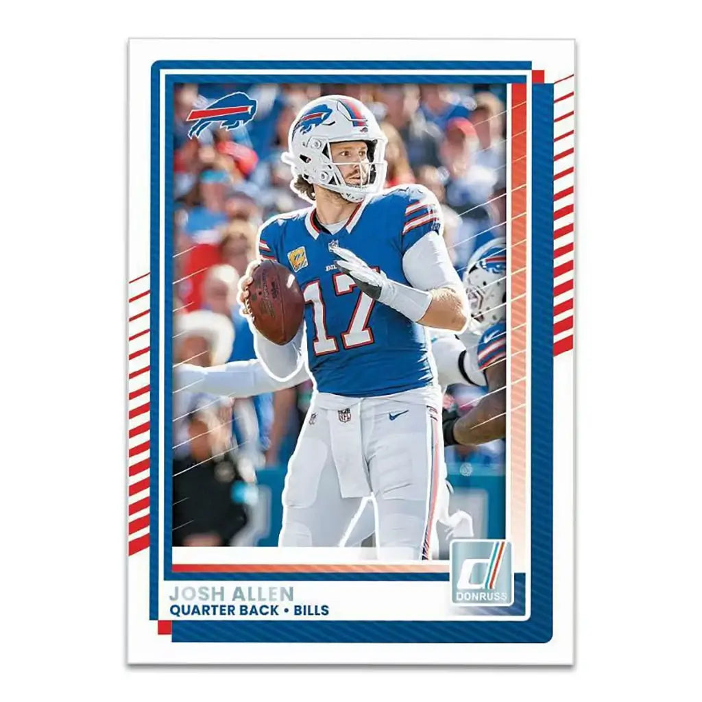 Donruss football trading card featuring Buffalo Bills quarterback Josh Allen in a blue jersey and white pants, glossy cardstock with red and blue border accents, action pose mid-throw on a blurred NFL stadium background.