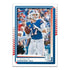 Donruss football trading card featuring Buffalo Bills quarterback Josh Allen in a blue jersey and white pants, glossy cardstock with red and blue border accents, action pose mid-throw on a blurred NFL stadium background.
