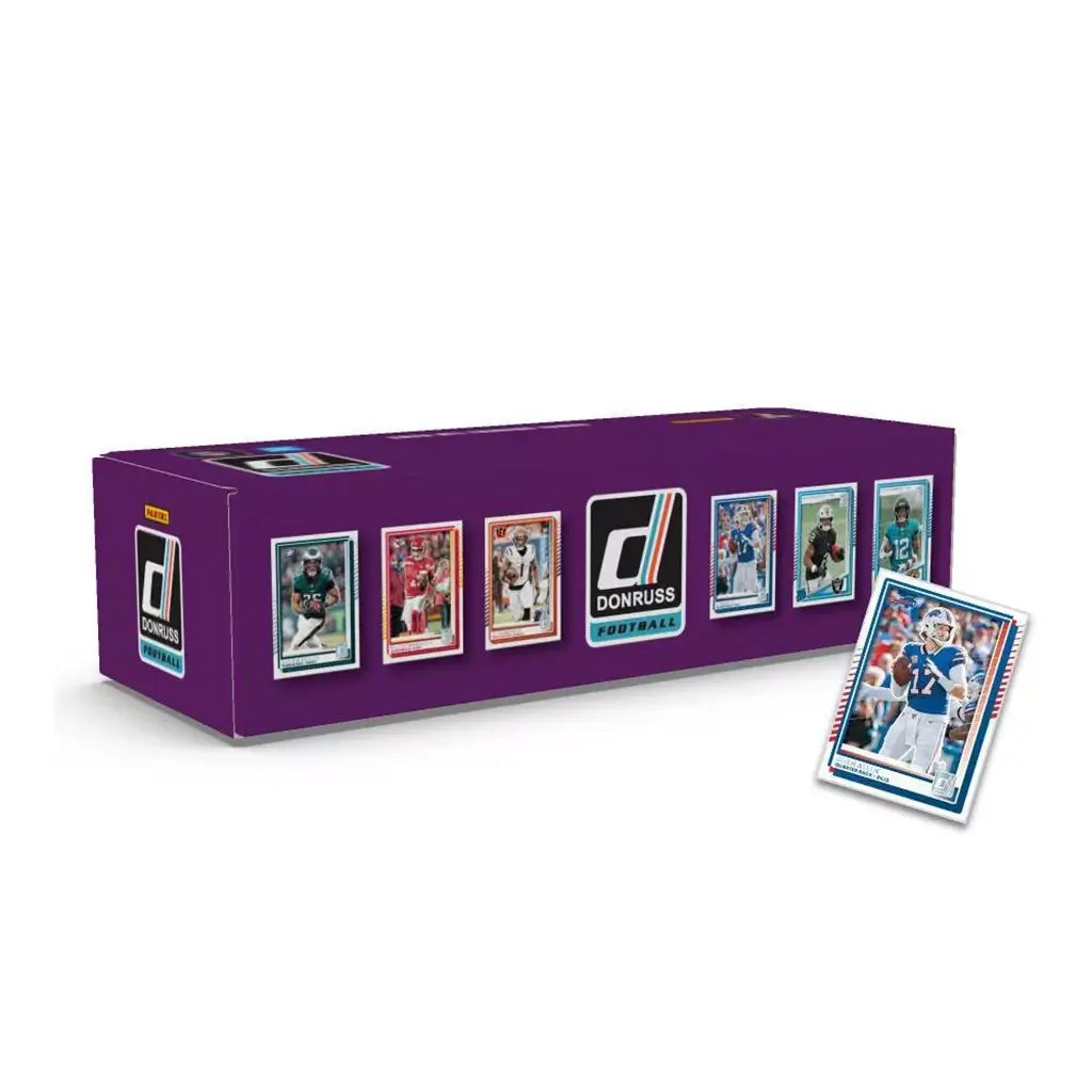 Panini Donruss NFL factory set box in deep purple cardboard, long rectangular retail packaging displaying multiple football card images and Donruss logo, shown with a Josh Allen card on a clean white background.