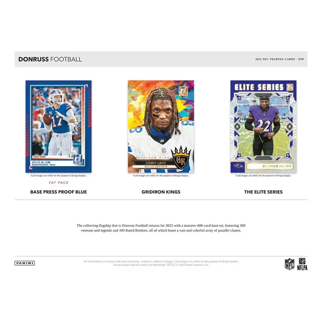 Donruss Football base set cards displayed with clean white and blue borders, smooth cardstock texture, vertical layout, and action photography of NFL players, highlighting Rated Rookies, veterans, and legends.
