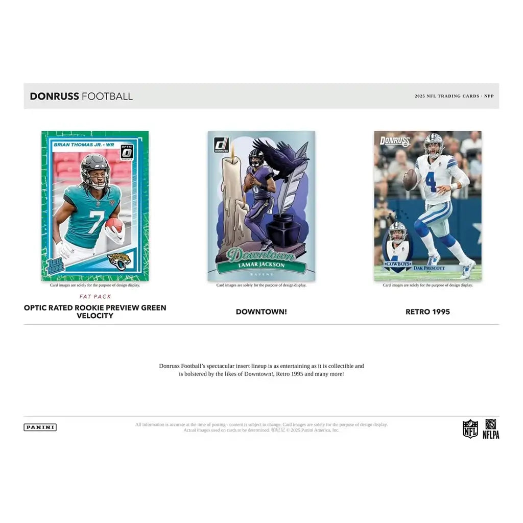 Donruss Football insert cards featuring colorful illustrated and foil-accented designs, layered graphic frames, and player portraits, showcasing popular inserts like Downtown, Elite Series, and Gridiron Kings.