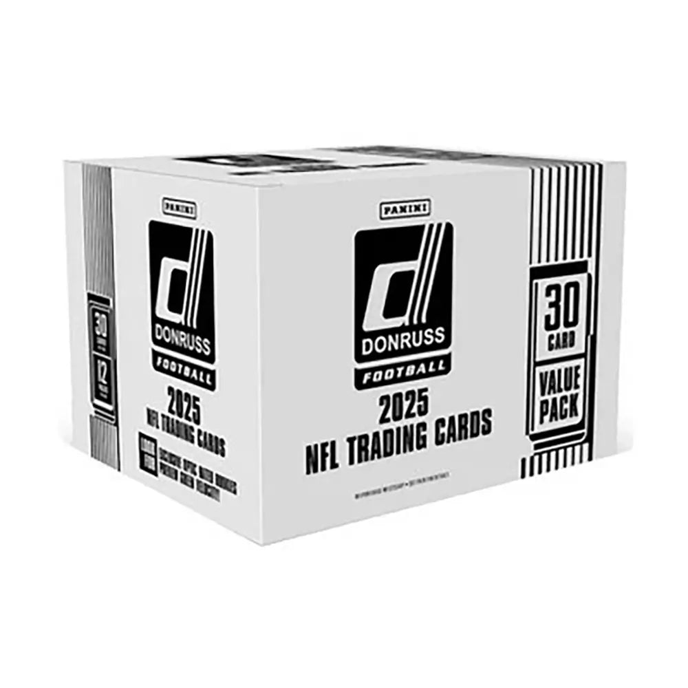 Donruss Football NFL fat pack display box shown in white cardboard with black Donruss branding, vertical stripe accents, and bold 2025 NFL Trading Cards text, designed to hold multiple retail fat packs for collectors.