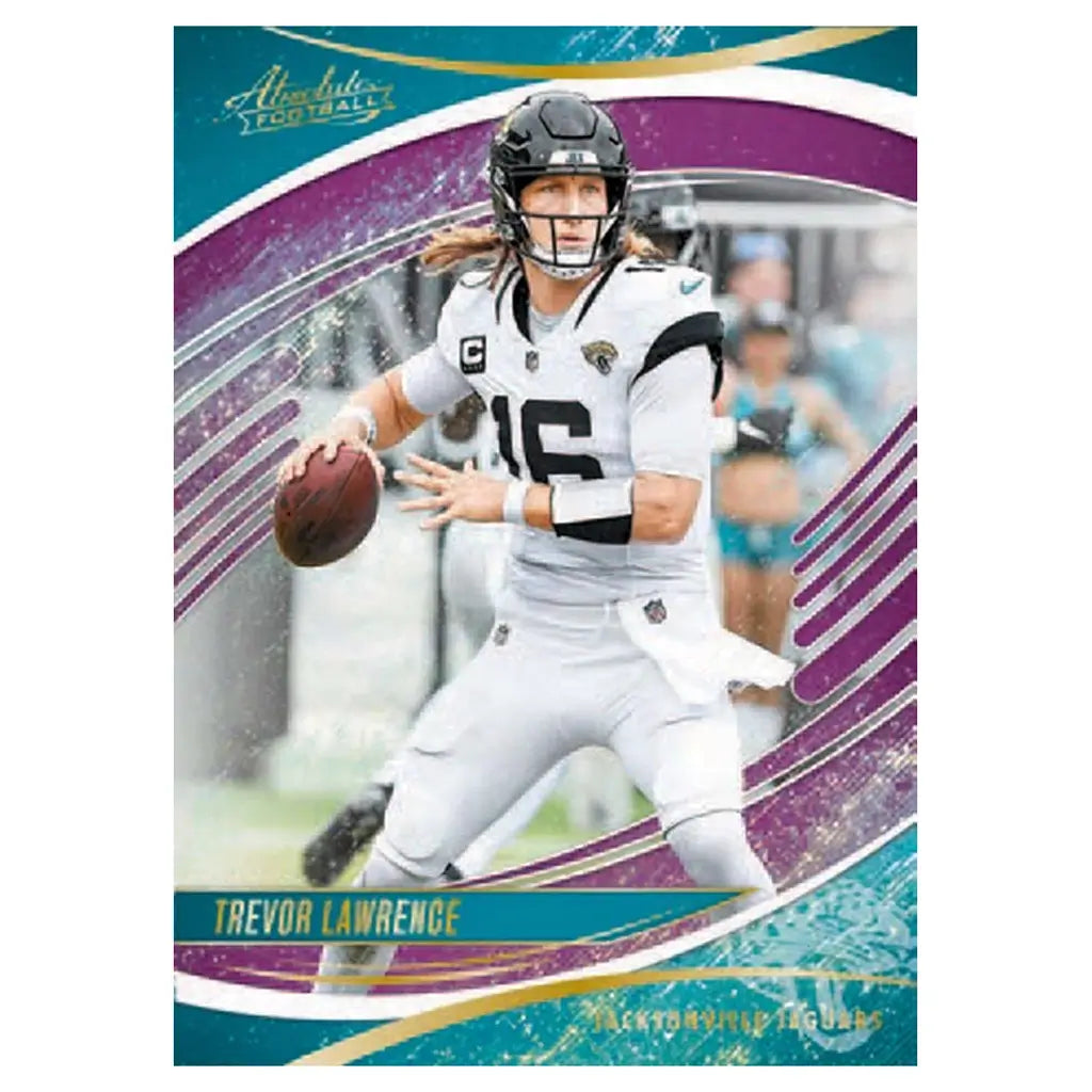 NFL trading card with teal, purple, and white glossy accents, showing a football quarterback in a white uniform holding a brown leather ball mid-throw, helmeted and focused, set against a stylized stadium action background.