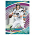 NFL trading card with teal, purple, and white glossy accents, showing a football quarterback in a white uniform holding a brown leather ball mid-throw, helmeted and focused, set against a stylized stadium action background.