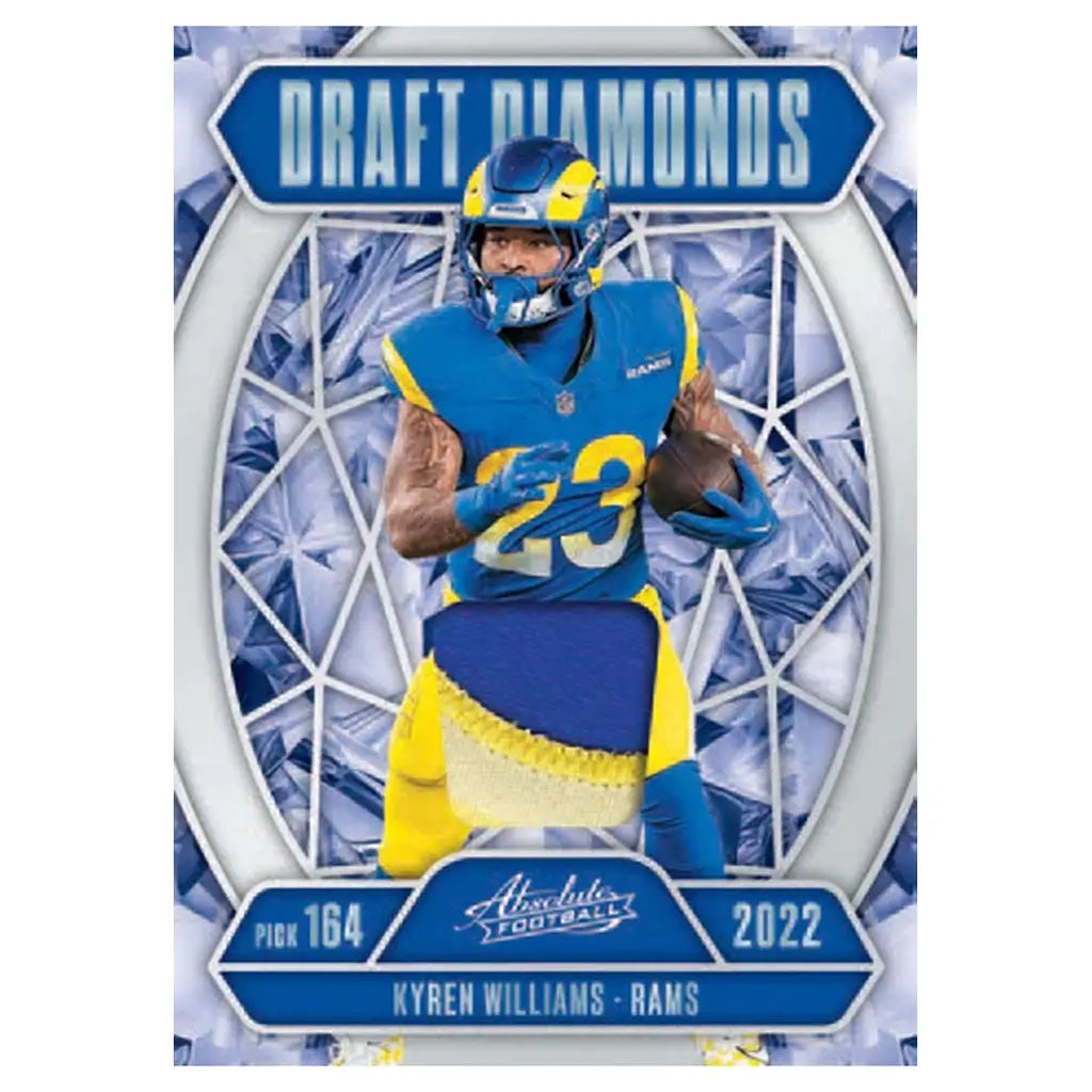 Absolute Burners football trading card with fiery orange background, showing a running back in a blue uniform gripping a football above a stitched fabric swatch, emphasizing speed, power, heat-themed graphics, and premium insert style.