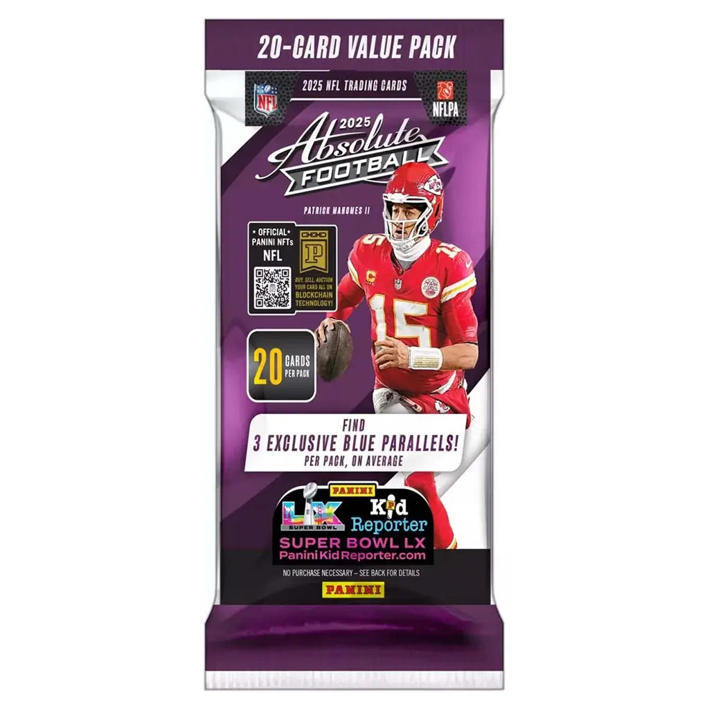 Panini Absolute Football value pack wrapper in purple and black foil, showing a football player in a red uniform gripping a ball, bold typography, NFL logos, and promotional text on sealed retail trading card packaging.