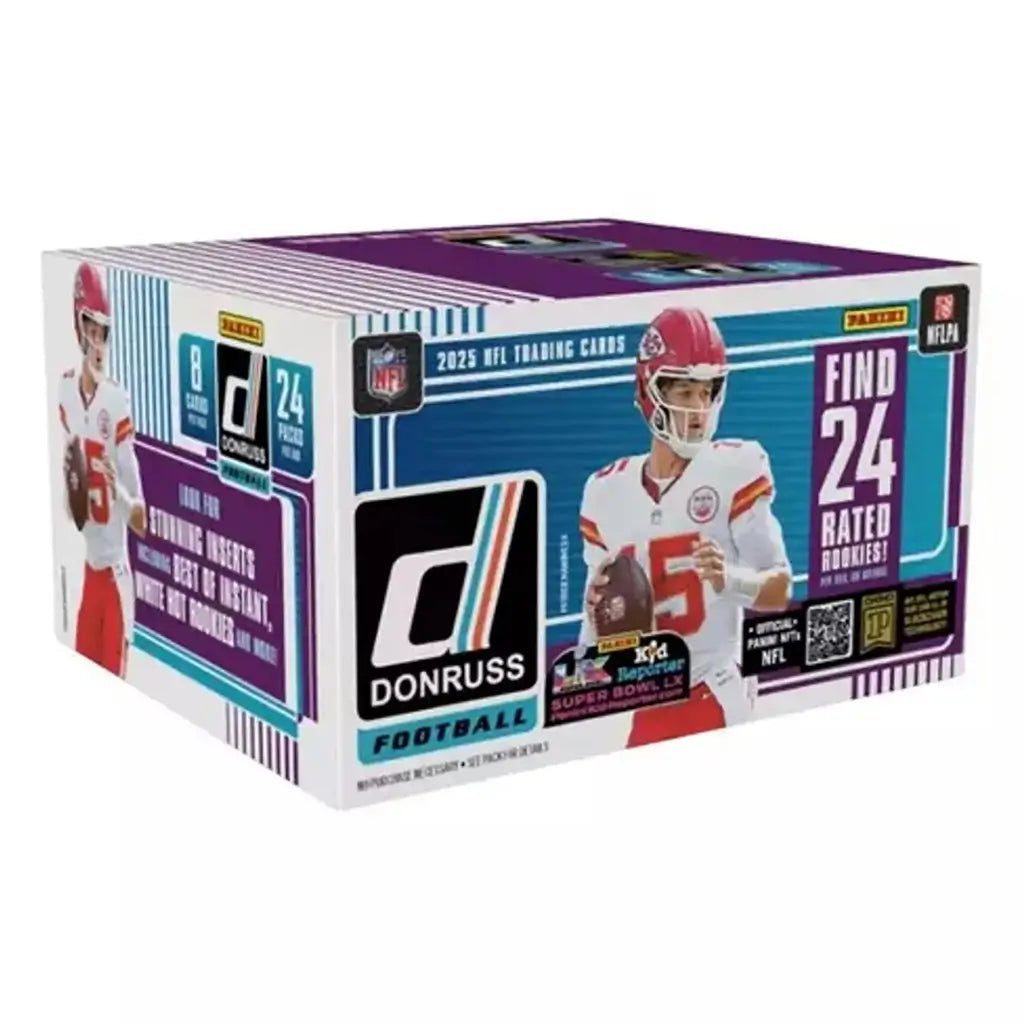 Panini Donruss Football 2025 retail box shows bold purple, blue, and white graphics with smooth printed texture, featuring quarterback imagery, Donruss logo, and callouts for 24 rated rookies across the packaging.