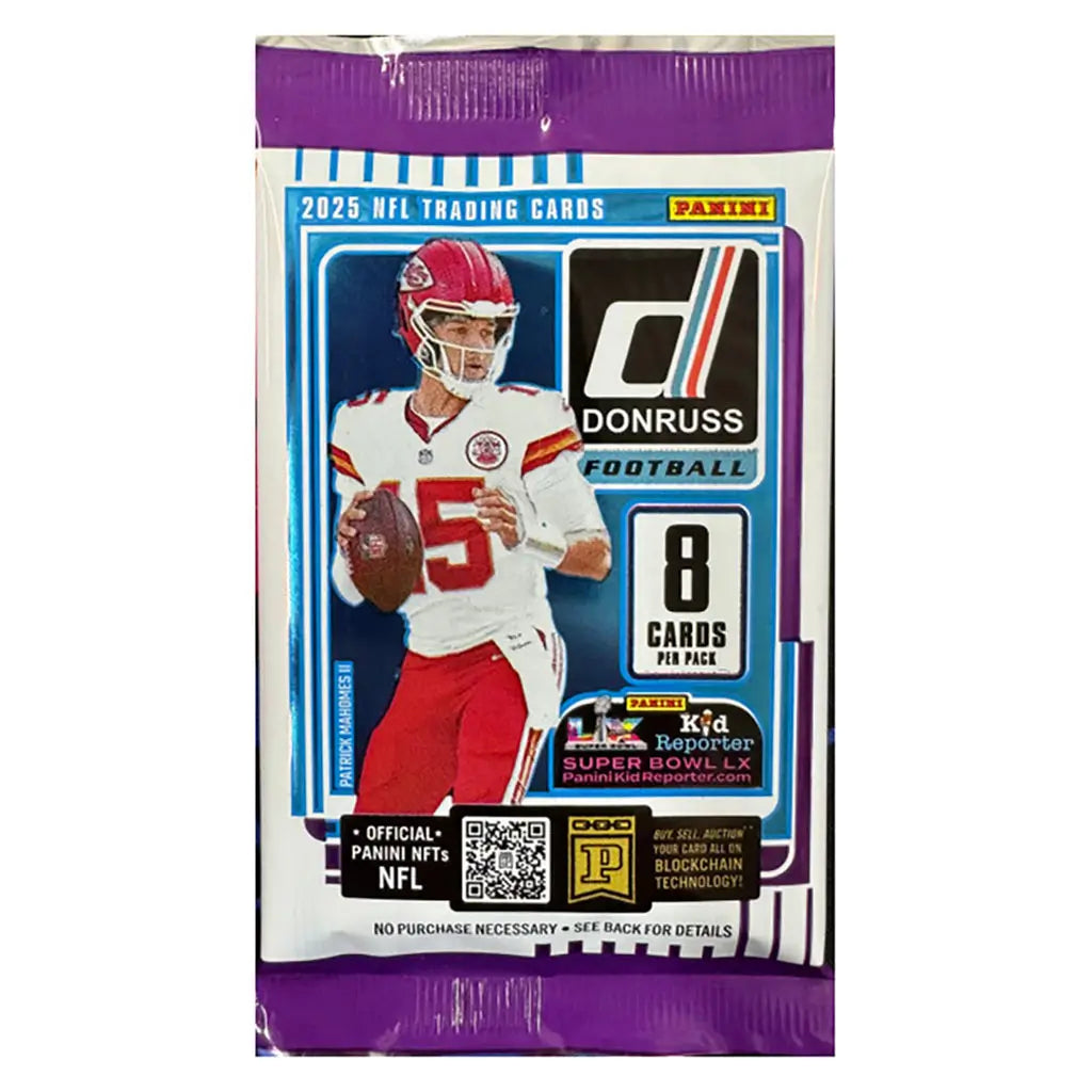 Panini Donruss football retail pack in purple and white foil packaging with glossy texture, rectangular sealed wrapper showing Kansas City Chiefs quarterback Patrick Mahomes holding a football, labeled 2025 NFL trading cards with eight cards per pack on a clean studio background.