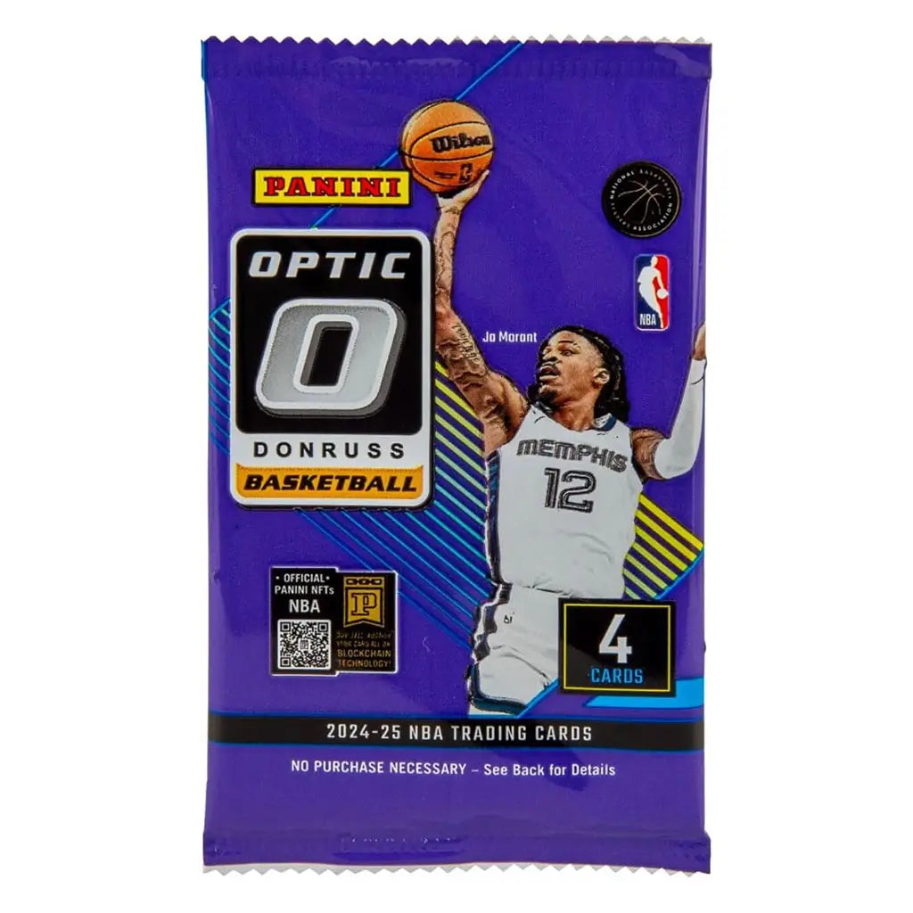 Purple foil Panini Donruss Optic Basketball 2024–25 pack featuring Ja Morant in a Memphis jersey dunking, labeled with NBA logo and text noting four cards inside.