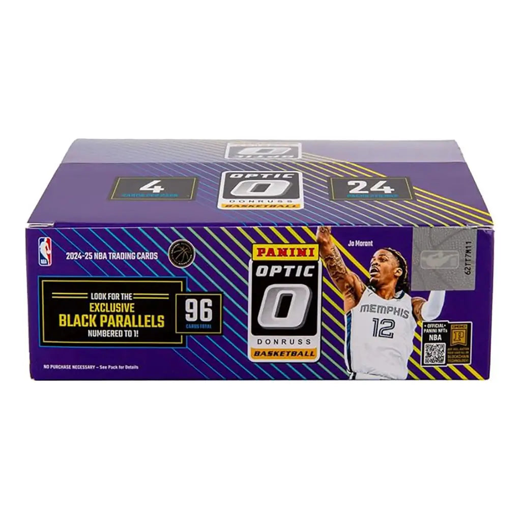 Front view of 2024–25 Panini Donruss Optic Basketball retail box in purple with Ja Morant image, promoting exclusive black parallels numbered to one and total of 96 cards.