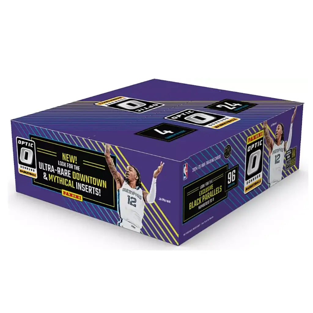 Purple Panini Donruss Optic Basketball 2024–25 retail box decorated with Ja Morant artwork, highlighting ultra-rare Downtown and Mythical inserts plus black parallel exclusives.
