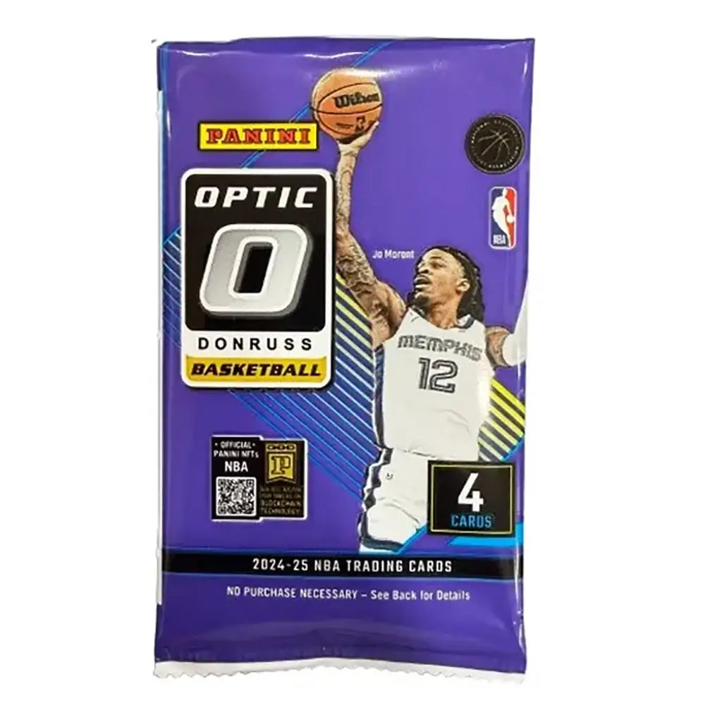 Purple Panini Donruss Optic 2024–25 NBA trading card pack featuring Ja Morant in a Memphis Grizzlies uniform holding a basketball, labeled with 4 cards inside.