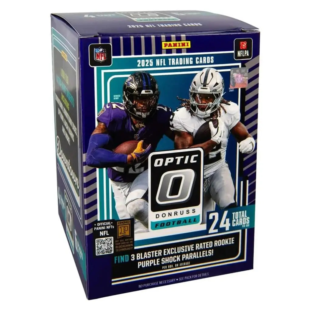 Panini Donruss Optic Football blaster box in dark blue cardboard with glossy finish, rectangular retail packaging showing NFL player action imagery, bold Optic branding, 24 total trading cards, and blaster exclusive Rated Rookie Purple Shock parallels on a white background.
