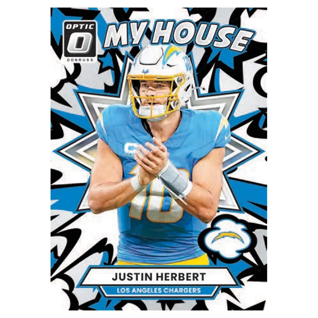 Panini Optic football card Justin Herbert blue and white printed cardstock with starburst graphic background, Los Angeles Chargers quarterback featured in action pose on stylized design backdrop