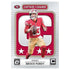 Panini Optic football card Brock Purdy red and gold printed cardstock with bold captain graphic frame, San Francisco 49ers quarterback holding ball on clean geometric background