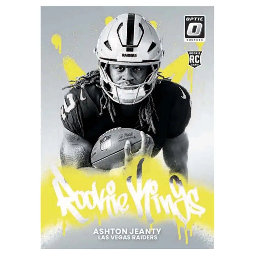 Panini Optic football card Ashton Jeanty black and yellow printed cardstock with graffiti style accents, Las Vegas Raiders rookie card featuring high contrast portrait on textured background