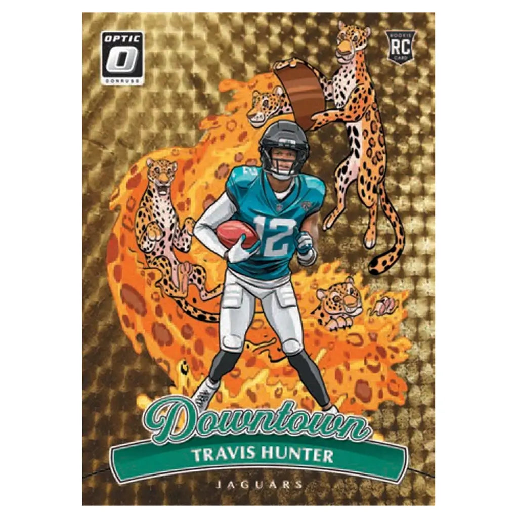 Panini Optic football card Travis Hunter gold and orange printed cardstock with illustrated jaguar pattern, Jacksonville Jaguars themed rookie card design with dynamic layered graphics