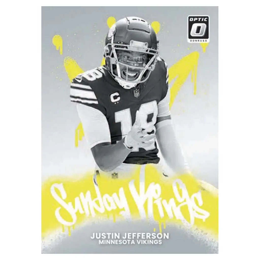 Panini Optic football card Justin Jefferson grayscale and yellow printed cardstock with paint splash effect, Minnesota Vikings wide receiver featured in stylized Sunday Kings insert design