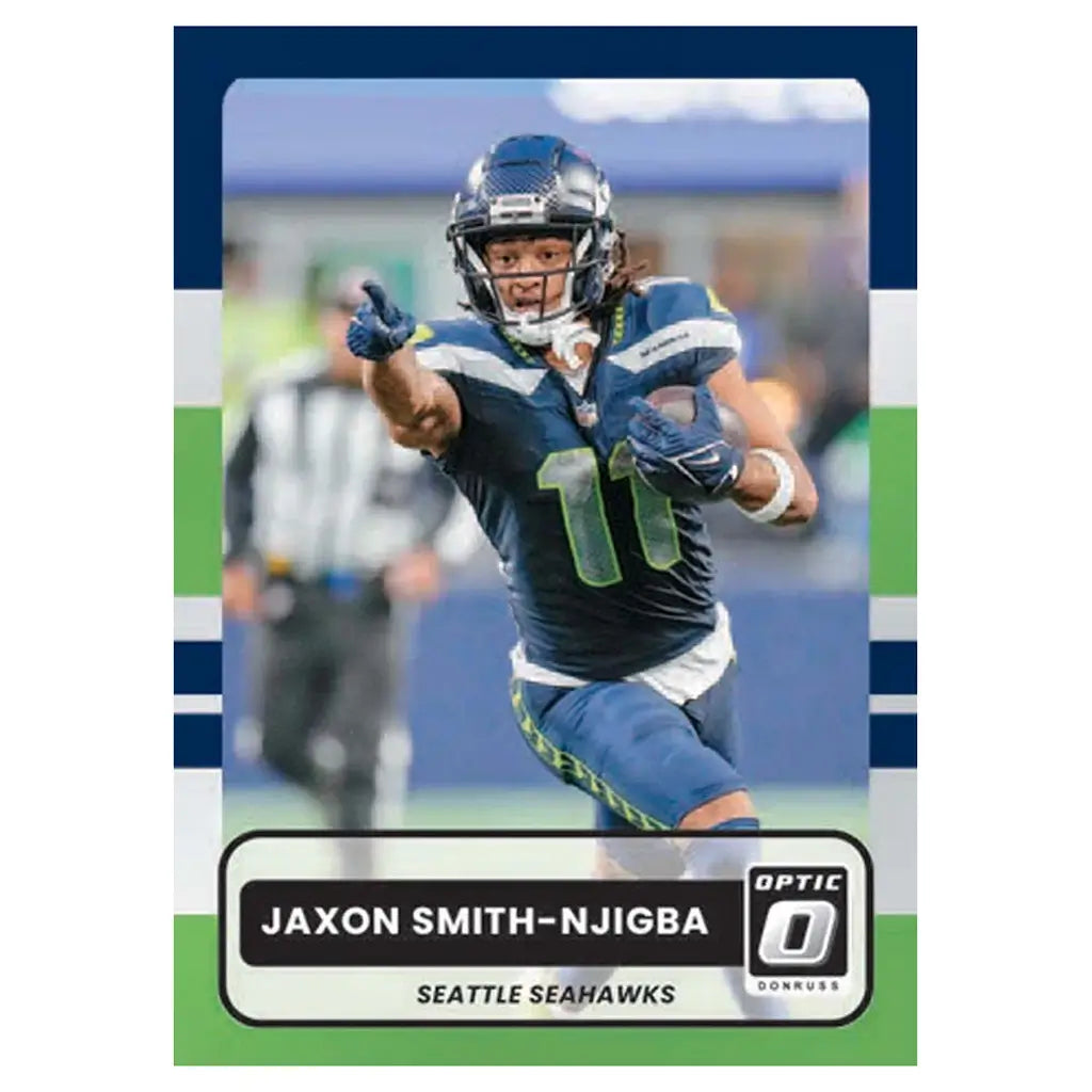 Panini Optic football card Jaxon Smith-Njigba blue and green printed cardstock with clean modern layout, Seattle Seahawks receiver shown mid play on blurred stadium background