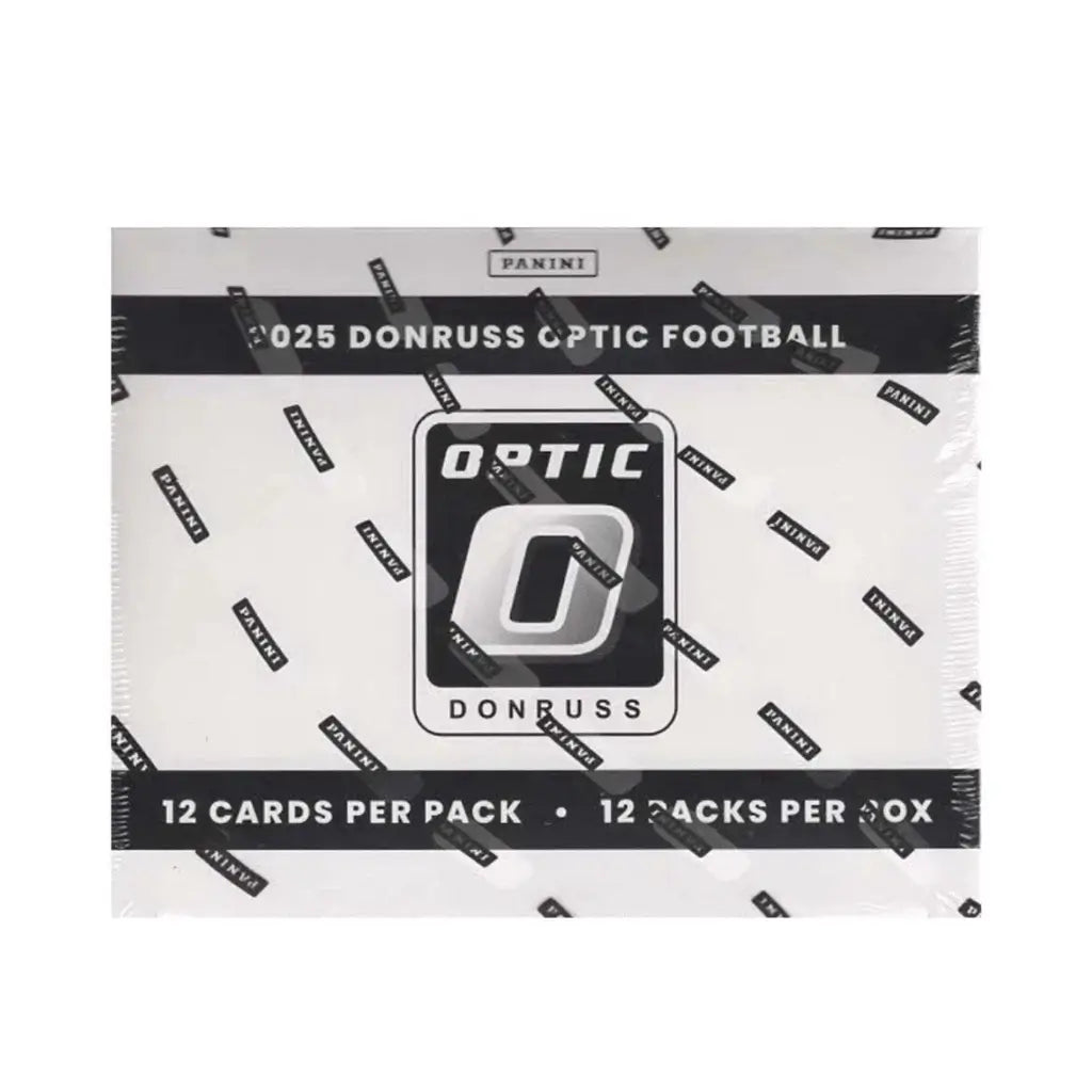 Panini Donruss Optic football display box in white cardboard, matte smooth finish, rectangular sealed box with logo, retail trading card packaging shown against plain white background.