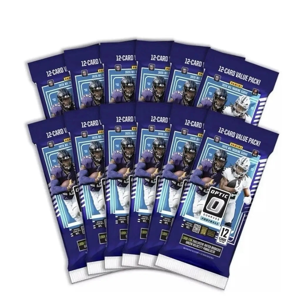Panini Donruss Optic football cards packs in blue foil wrappers, glossy smooth texture, rectangular sealed packs fanned out, retail trading card product display on clean white background.