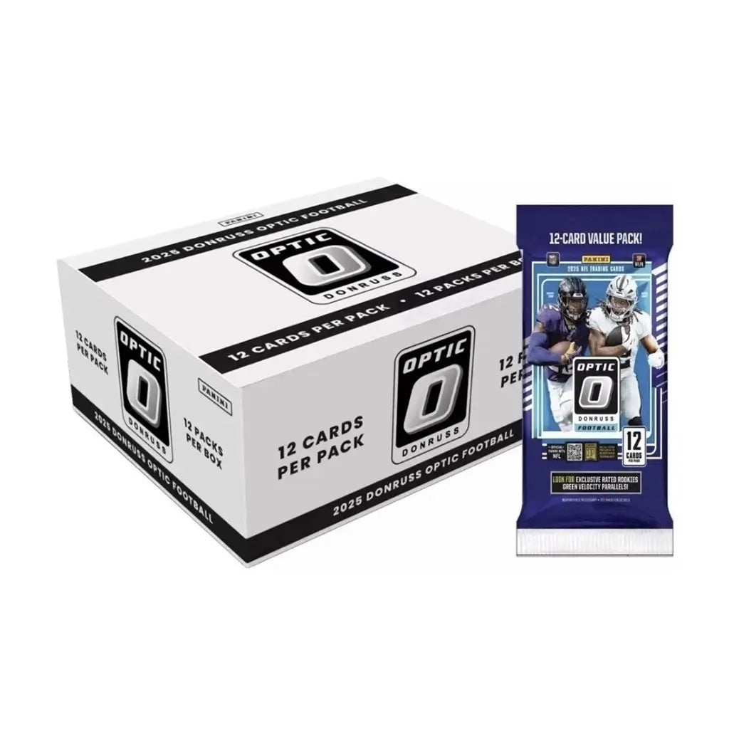 Panini Donruss Optic football box and pack set in white and blue materials, glossy and matte textures, rectangular box with single pack, retail card collection display on neutral backdrop.